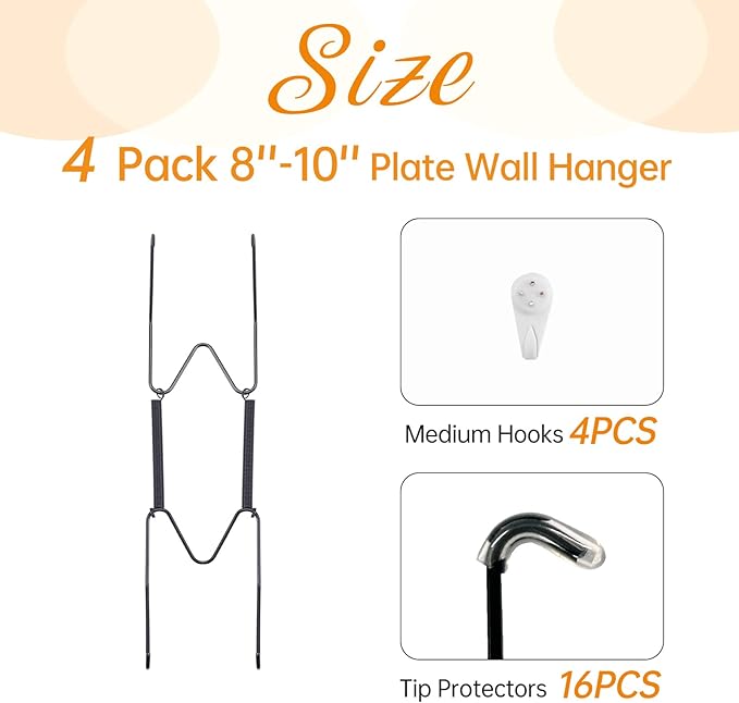 Bilillo 4 Pack Plate Hangers for The Wall, Suitable for 8''-10'' Decorative Plate,Invisible Heavy Duty Wire Plate Holder with Wall Hooks, Plate Hangers for Displaying Plates, Platter, Dish (Black)