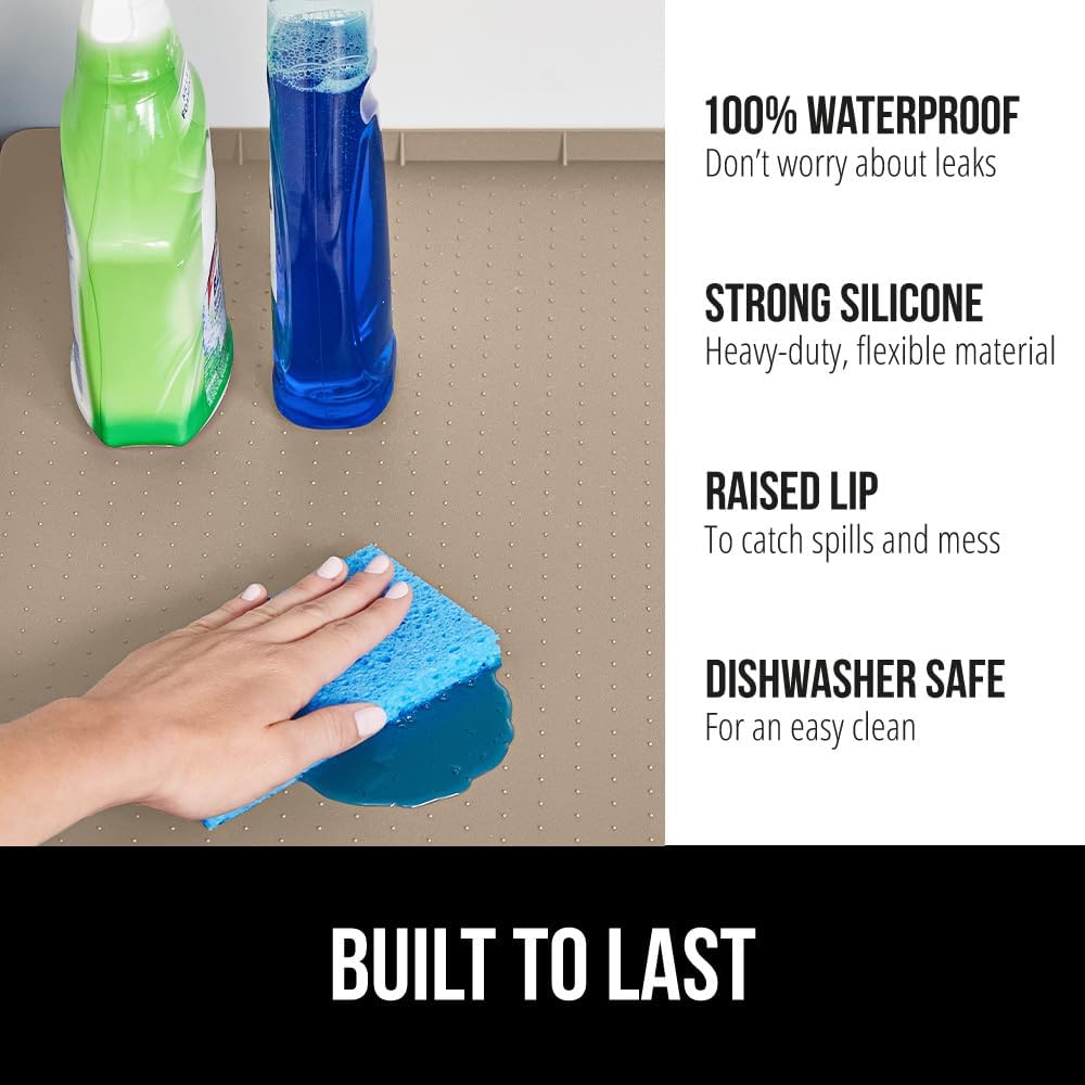 GORILLA GRIP Waterproof Silicone Under Sink Mat with Raised Lip for Kitchen and Bathroom, 34 x 22 in, Cabinet Shelf Liner Stay in Place Mats Dishwasher Safe Drawer Liner, Organizer Tray, Beige