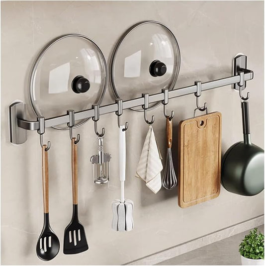 Kitchen Hooks Rail with 8 Adjustable Hooks, Aluminum, 100% Aluminum, Modern, Minimalist, Wall Mount, Kitchen Utensil Rack, Grey, 45cm