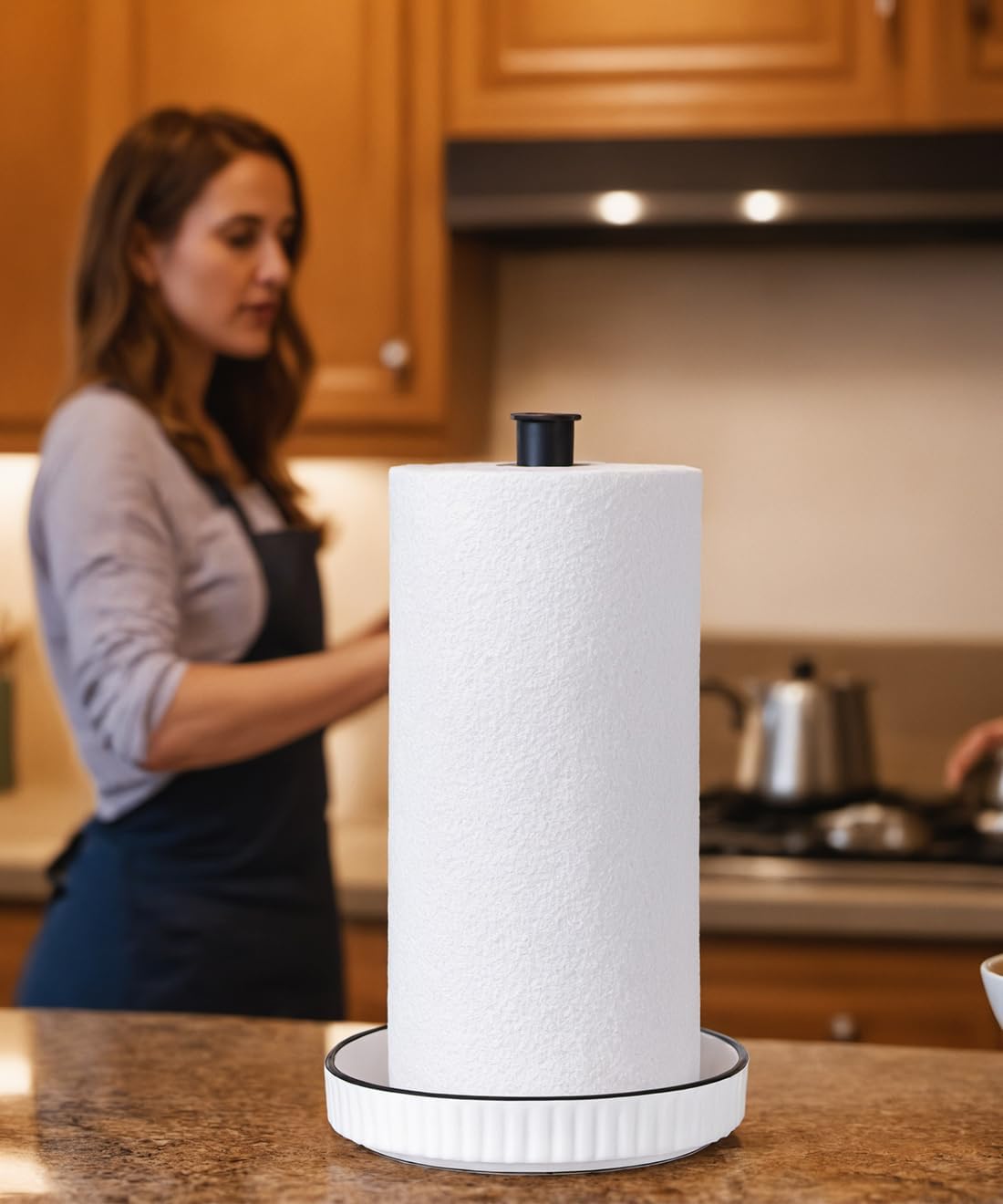VROOMIUM Black Paper Towel Holder Countertop, Ceramic Base Easy-to-Clean, 1.4 lbs, 7" B x 12.5" H, Stable Elegant and Durable Kitchen Roll Stand