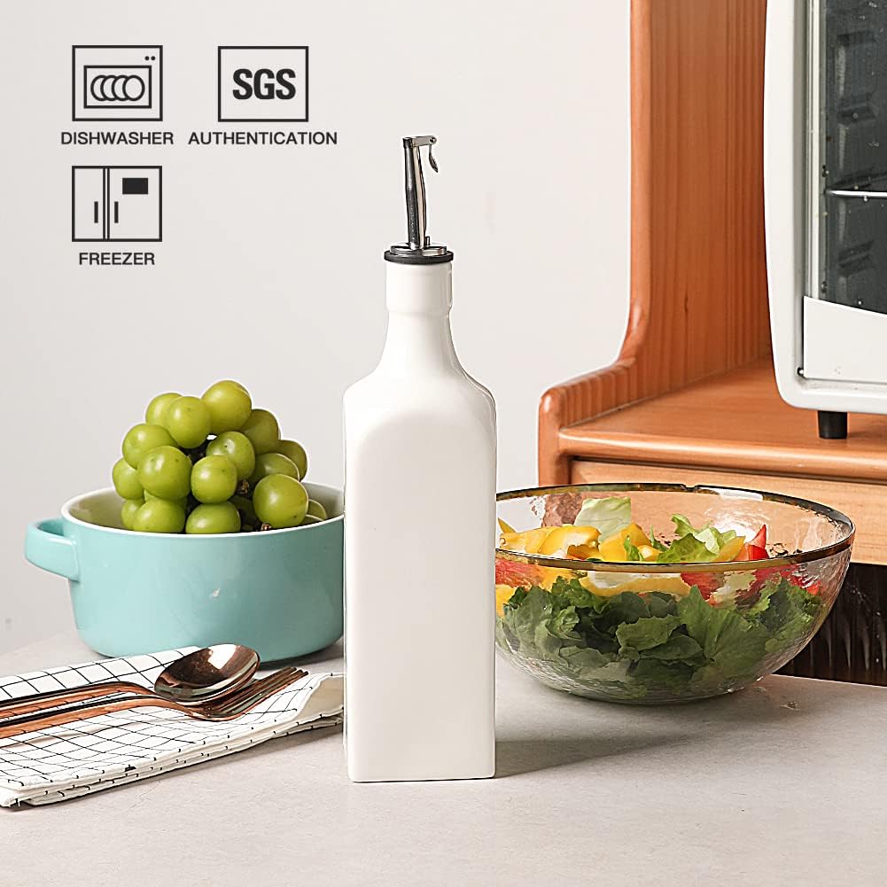 Sweejar 19 Fl Oz Ceramic Olive Oil Dispenser Bottle with Spout, Large Oil Dispenser for Kitchen, Opaque EVOO Oil and Vinegar Cruet for Cooking, Oil Container for Avocado Oil, Pack of 1 (White)