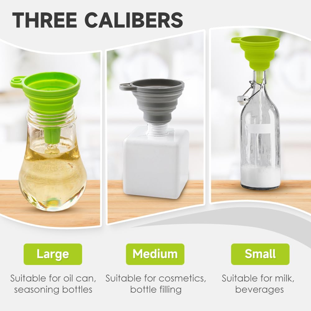 Kitchen Funnel Set, 2025 Upgrade Silicone Collapsible Funnel Silicone Collapsible Food Funnels for Kitchen 3 Sizes Funnels for Home Use Filling Bottles Daily Cooking (Green, 1Set 11+14+20g)
