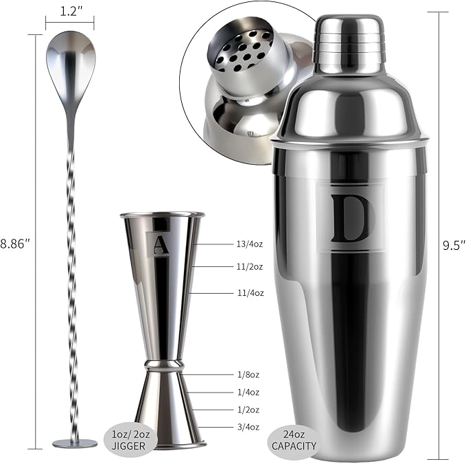 24oz Cocktail Shaker Set with 1 oz 2oz Jigger - Monogramm Initials Martini Shaker Set - 304 Stainless Steel Bar Shaker for Margarita,Mojito-Personalized Gift for Friend,Husband-G