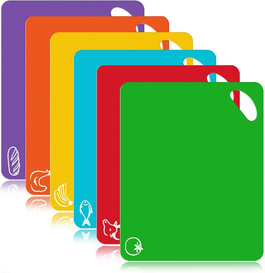 Cutting Board Mats Set, Extra Thick Flexible Plastic Kitchen Chopping Board, Colored Mats with Food Icons & Easy-Grip Handles, Dishwasher Safe, Set of 6