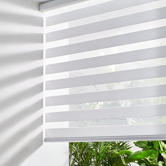 Persilux Cordless Zebra Blinds for Indoor Windows, Free-Stop Zebra Blinds Cordless, Light Filtering Sheer Shades Dual Layer for Day and Night, Zebra Roller Shades for Home (46.5" W X 47" H, White)