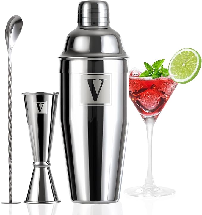 24oz Cocktail Shaker Set with 1 oz 2oz Jigger - Monogramm Initials Martini Shaker Set - 304 Stainless Steel Bar Shaker for Margarita,Mojito-Personalized Gift for Friend,Husband-V