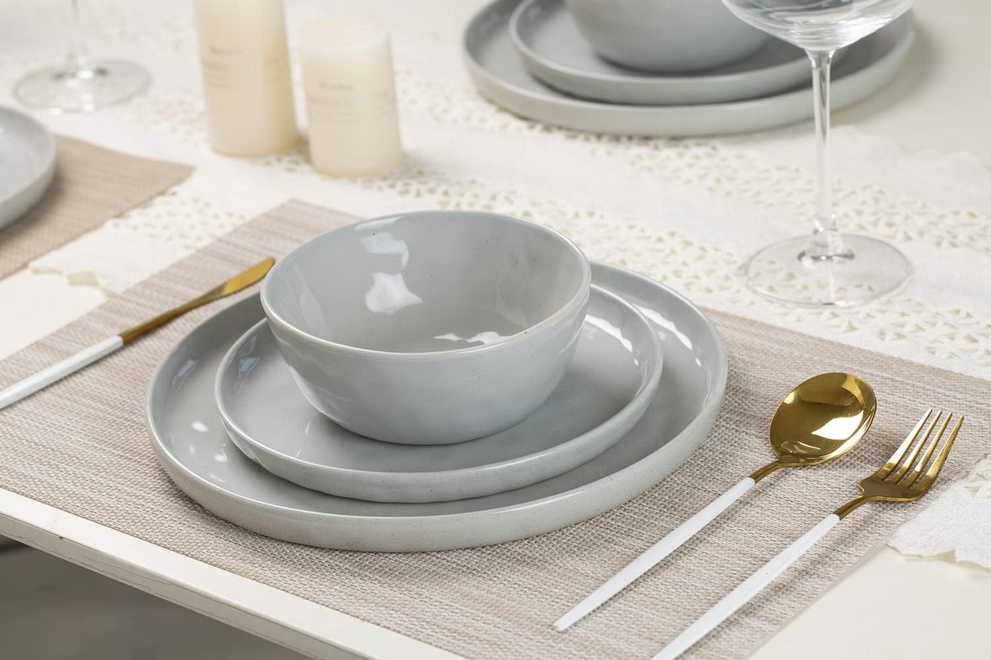 Famiware Mars Plates and Bowls Set, 12 Pieces Dinnerware Sets, Dishes Set for 4, Light Gray
