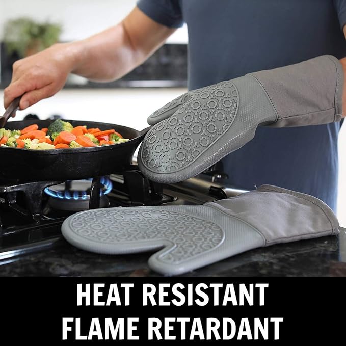 BPA-Free Soft Silicone 4 Piece Oven Mitts & Trivets Set - Ultra Heat Resistant Oven Mitts with Thick Cotton Liner - Long Slip Resistant Pot Holders, Flexible Oven Gloves - Navy