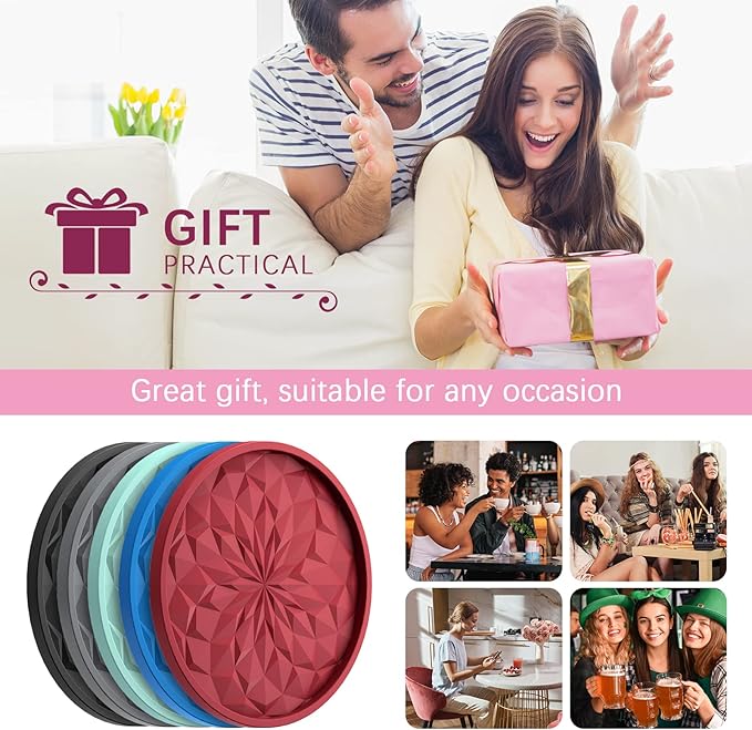ME.FAN Silicone Coasters with Holder,[6 Pack] Drinking Coasters - Cup Mat for Hot or Cold Drinks, Thickened, Non-Slip, Non-stick,Deep Tray Wine Red