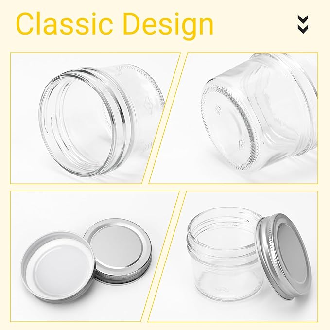 CycleMore 40 Pack 4oz Clear Mason Jars With One Piece Silver Lids, Mini Glass Canisters, Spice Bottles, Canning Jars for Honey, Jam, Jelly