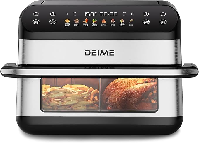 DEIME Dual Zone Air Fryer 10.6 QT Double 1800W Large Capacity Oven Air Fryers Healthy Cooker with 8 Preset, Large AirFryer for Families Visual Cooking Window, Non-Stick Basket, Included Recipe