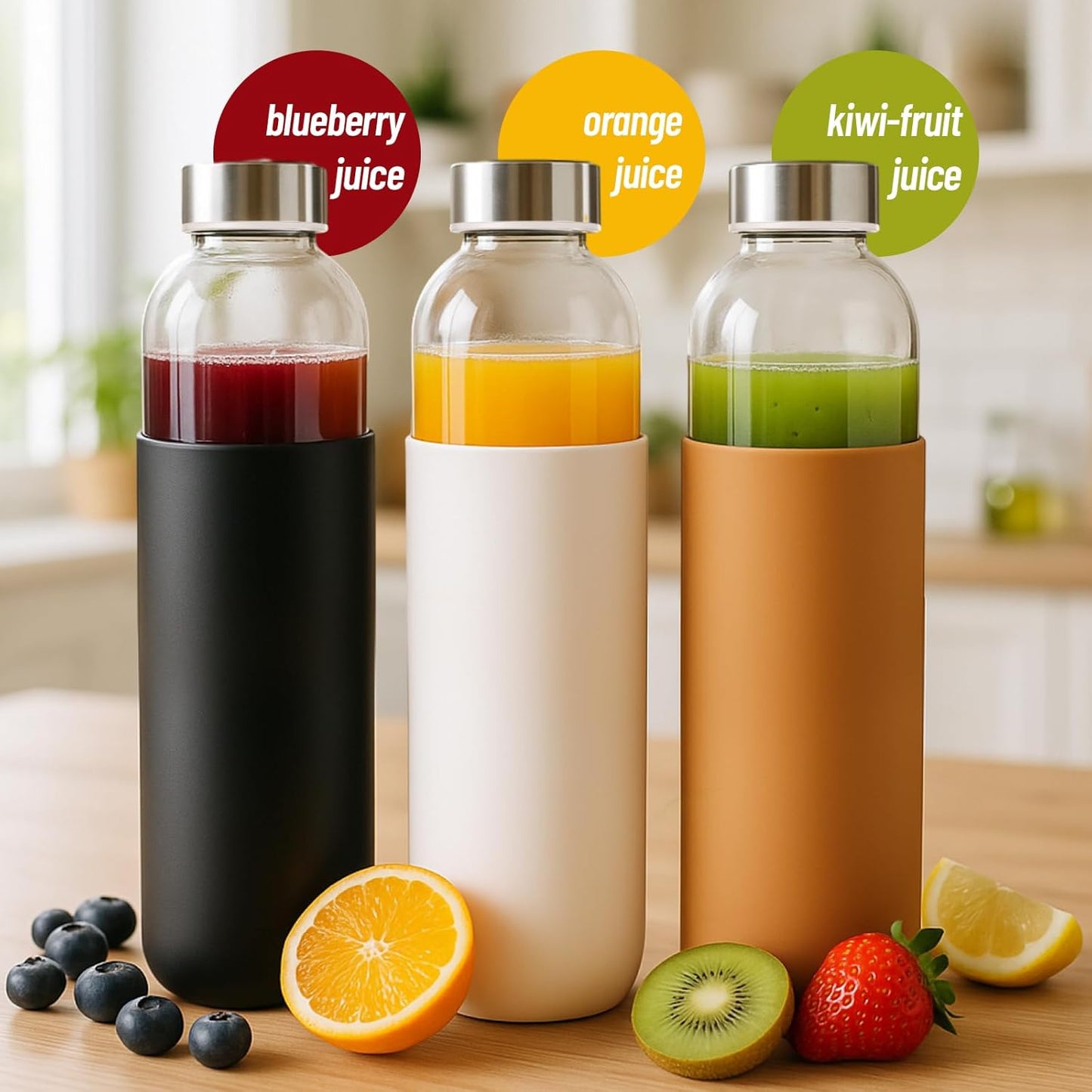 18 oz Clear Glass Juice Bottles with Lids and Silicone Sleeve, Reusable Glass Water Bottles with Stainless Steel Cap for Juicing, Refrigerator,100% Leak Proof, BPA Free, Set of 6