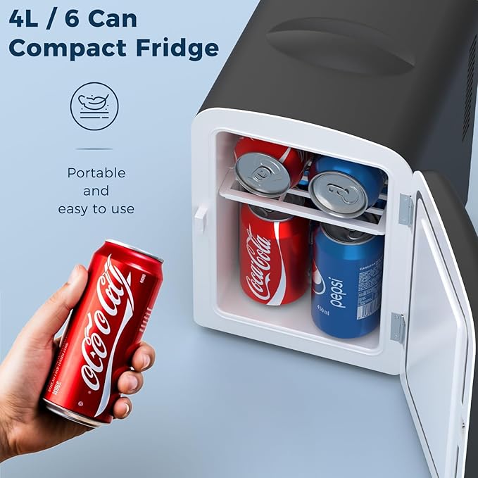 Antarctic Star Compact Refrigerator, Portable Mini Fridge, Skin Care 4L Capacity/6 Cans, for Bedroom, Car, Office & Dorm, Small Cooler for Cosmetics, Beverage and Food, Black
