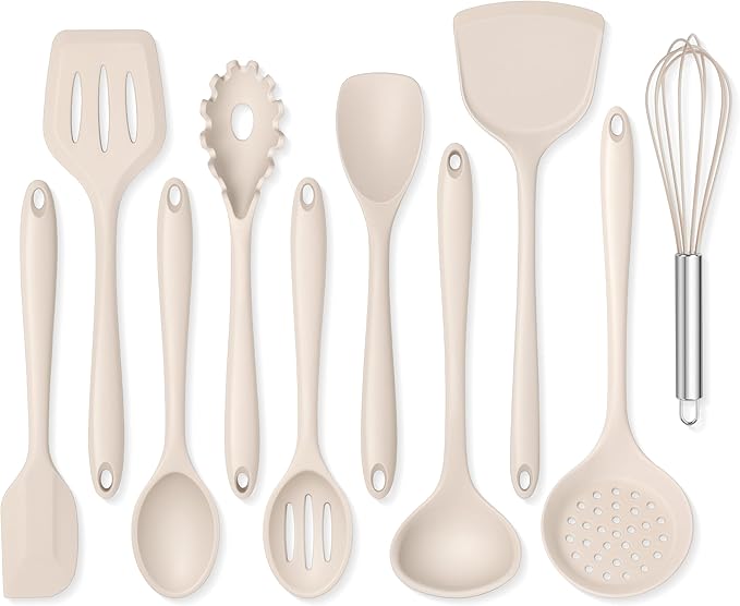 Onader Silicone Cooking Utensils Set of 10, Kitchen Utensils for Nonstick Cookware, Heat Resistant & Nontoxic Spatula Set- Khaki