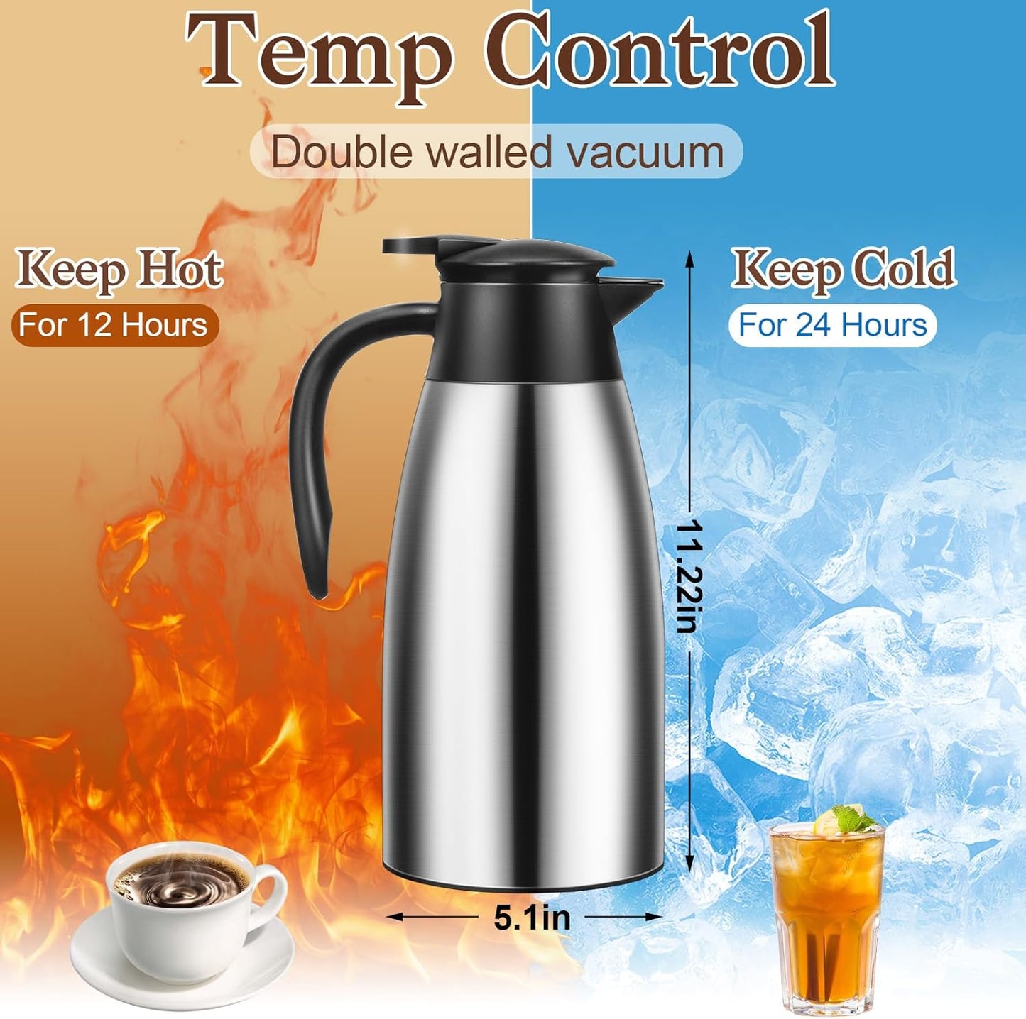 1 PCS 68 OZ Thermal Coffee Carafe, Insulated Stainless Steel Coffee Carafe Double Walled Vacuum Thermal Pot Flask with Brushes Thermos for Keeping Hot Coffee Tea Home and Office (Silver)