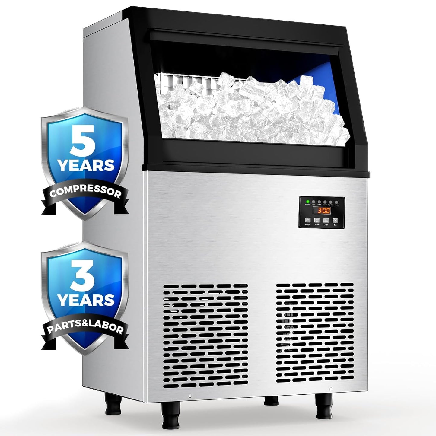 Commercial Ice Maker Machine, 150 lbs/24H, Under Counter Ice Machine, Stainless Steel Freestanding Ice Makers for Home Bar Restaurant Outdoor, Self-Cleaning, 45Pcs Ice Cubes 6Mins