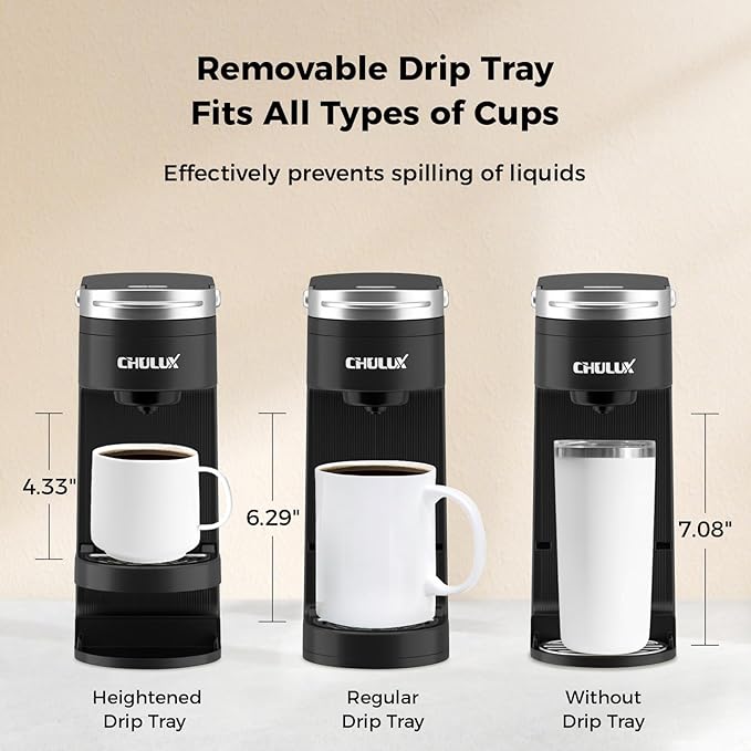 CHULUX Slim Single Serve Coffee Maker for K Cup Pod, Compact Portable Coffee Machine for Dorm, RV, Office and Travel, Matte Black