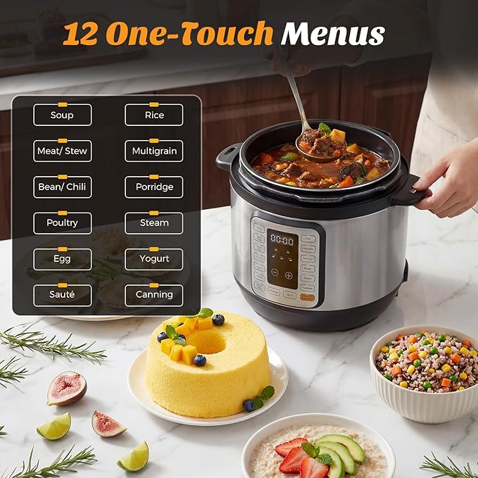 NEWBULIG 16-in-1 Electric Pressure Cooker, 8QT Multi Cooker with 12 Presets, Slow Cook Rice Steamer Sauté Soup Meat Stew Canning Yogurt Maker, Ceramic Inner Pot & Recipe Book Included, Silver