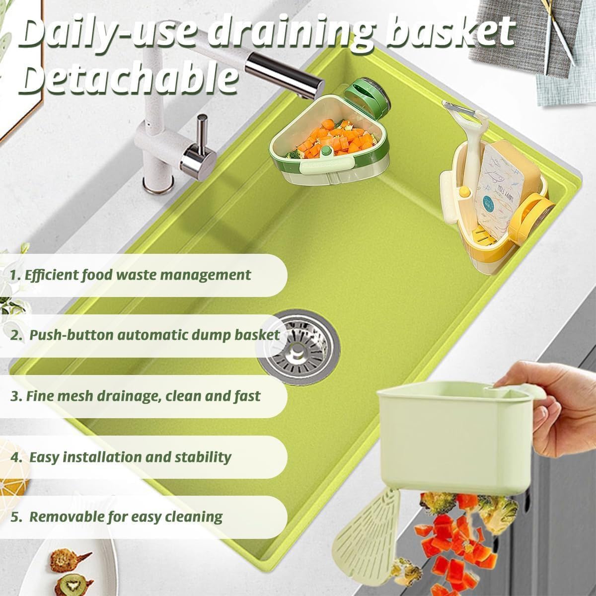 Suction Cup Sink Corner Rack, Triangular Sinks Basket Shelf with Suction Cup Sucker, Plastic Sink Storage Rack Holder, Trash Catcher, Corner Hanging, for Kitchen Bathroom Dishware(Green)