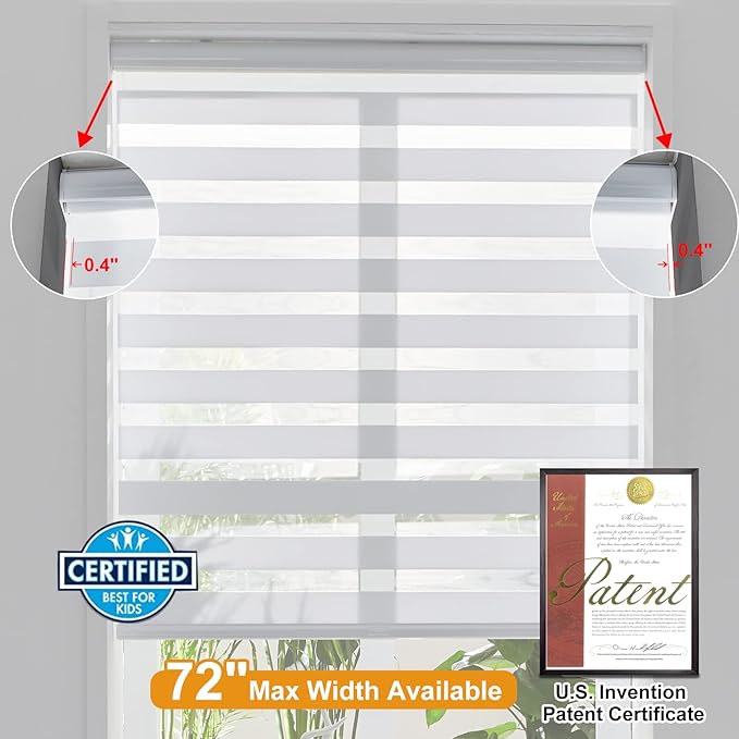 Persilux Zebra Blinds for Windows Cordless Blinds & Shades (15" W x 64" H, White) Free-Stop Roller Window Shades, Light Filtering Roller Shades for Windows, Light Control for Day and Night