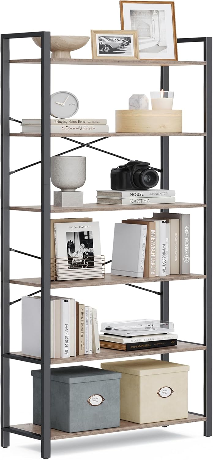VASAGLE 6-Tier Bookshelf, Bookcase with Steel Frame, Book Shelf for Living Room, Home Office, Study, 11.8 x 31.5 x 73.2 Inches, Industrial Style, Heather Greige and Ink Black ULLS082B02
