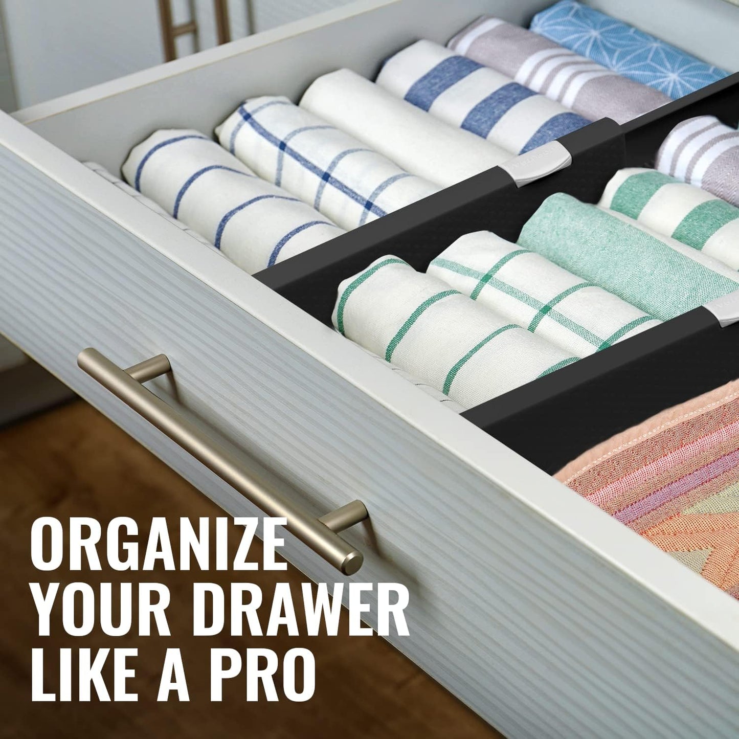 RAPTUROUS Adjustable Drawer Dividers, 6" Tall, Expandable 13-22", 4-Pack, Non-Slip for Deep Drawers in Kitchen, Bedroom, Office, and Nursery (Black)