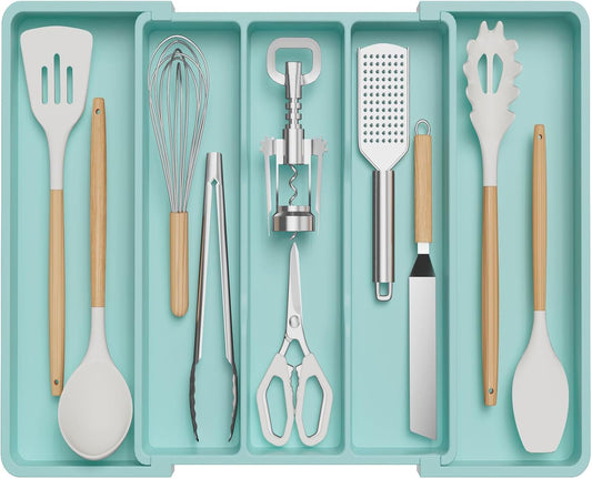 Lifewit Utensil Organizer for Kitchen Drawers, Expandable Cooking Utensil Tray, Adjustable Cutlery Silverware Flatware Holder, Plastic Spatula Tools and Gadgets Storage Divider, Large, Turquoise