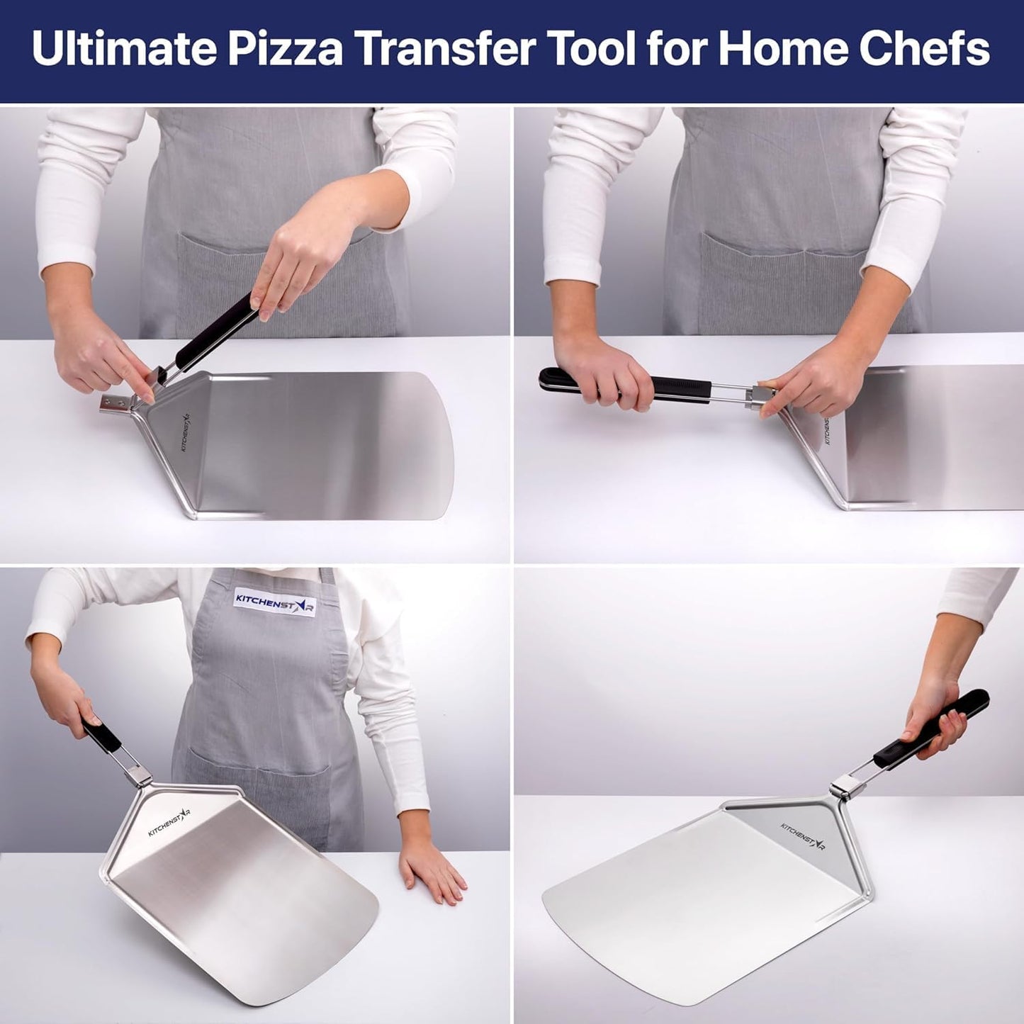KitchenStar 12-inch Metal Pizza Peel with Folding Handle - Stainless Steel Spatula Paddle for Effortless Pizza Transfer & Easy Storrage - Dishwasher Safe Pizza Oven Accessories