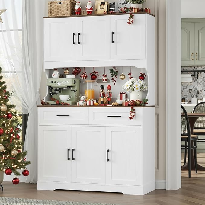 FACBOTALL Tall Kitchen Pantry Cabinet, Farmhouse Food Pantry Cabinet with Doors and Adjustable Shelves, Kitchen Hutch with Countertop and Microwave Stand for Dining Room, Living Room, White