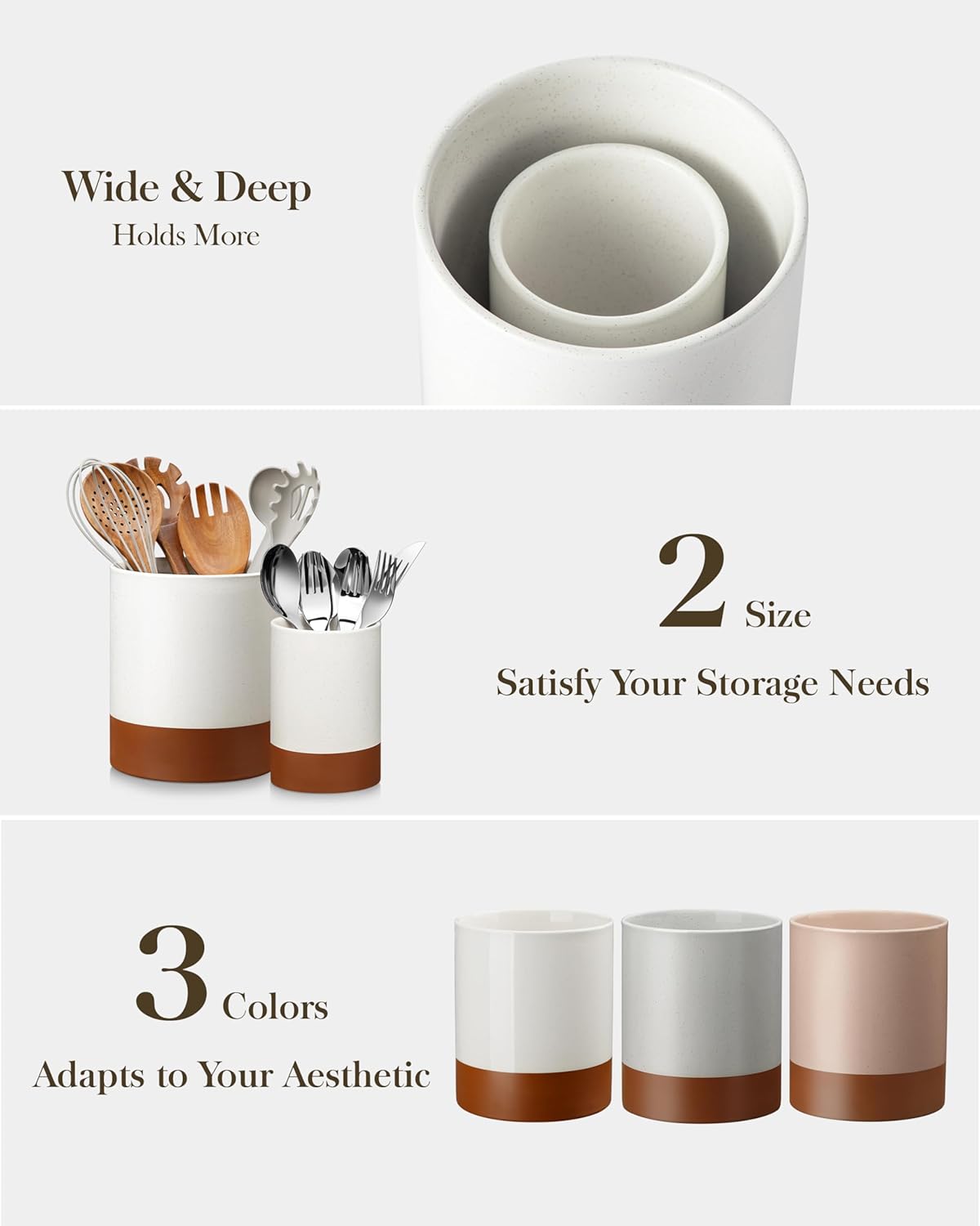 MALACASA Utensil Holder, 7.3"+5.5" Ceramic Kitchen Utensil Holder for Countertop, Large Cooking Utensil Crocks for Kitchen Counter, Farmhouse Utensils Organizer, Set of 2, Khaki White, Series TARA