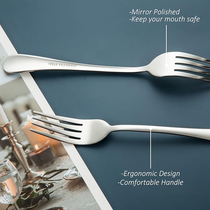 SANTUO Salad Forks Set - 12 Piece Stainless Steel Silverware Forks with Long Handle Use for Home, Restaurant or Camping - Silver 7.3 Inches