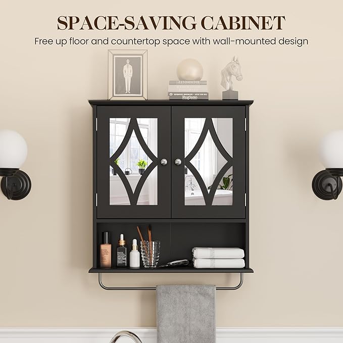 RoyalCraft 22x25 Bathroom Medicine Cabinet with Mirror, Large Wood Wall Mounted Storage Cabinet with Shelves and Towel Bar, Over The Toilet Storage Cabinet for Bathroom, Laundry, Living Room, Black