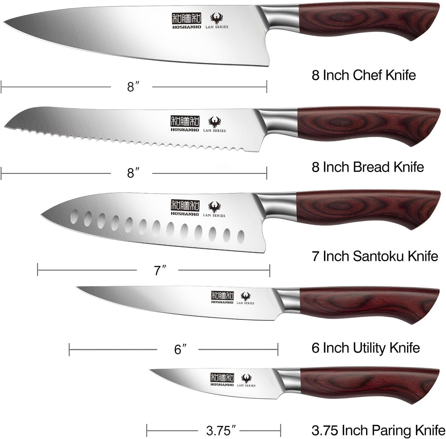 HOSHANHO 5-Piece Japanese Style Kitchen Knife Set,Professional Ultra Sharp High-Carbon Stainless Steel Chefs Knives with Ergonomic Wood Handle,Elegant Box Packaging