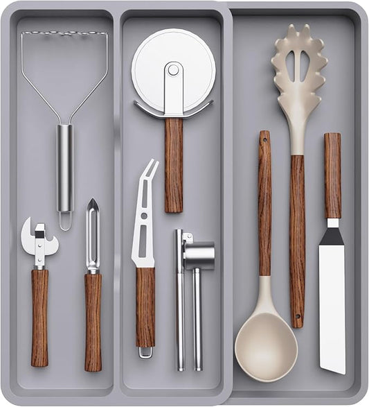 Lifewit Utensil Organizer for Kitchen Drawer, Expandable Cooking Silverware Tray, Adjustable Cutlery Flatware Holder, Plastic Spatula Tools Storage Divider, 14.4 x 15.8", Gray