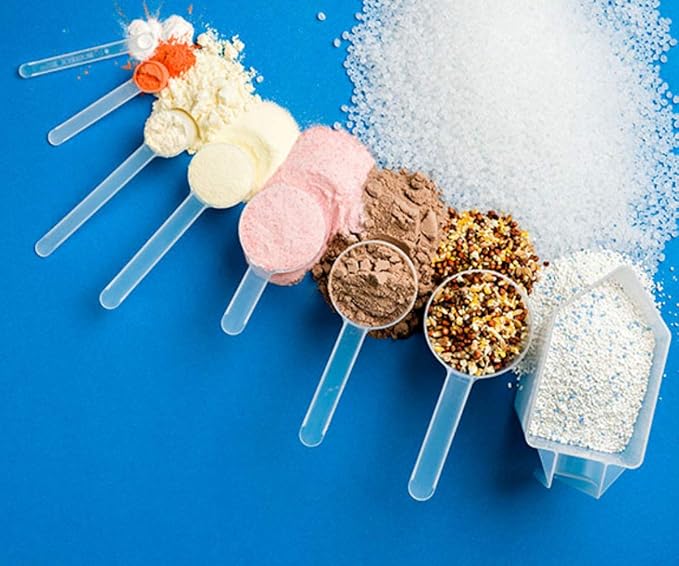 Plastic Measuring Scoop, (48 cc | 48 mL) Long Handle Spoons for Powders, Granules, Coffee, Pet Food, Baking Supplies, Protein and Other Dry Goods, BPA Free (Set of 5)