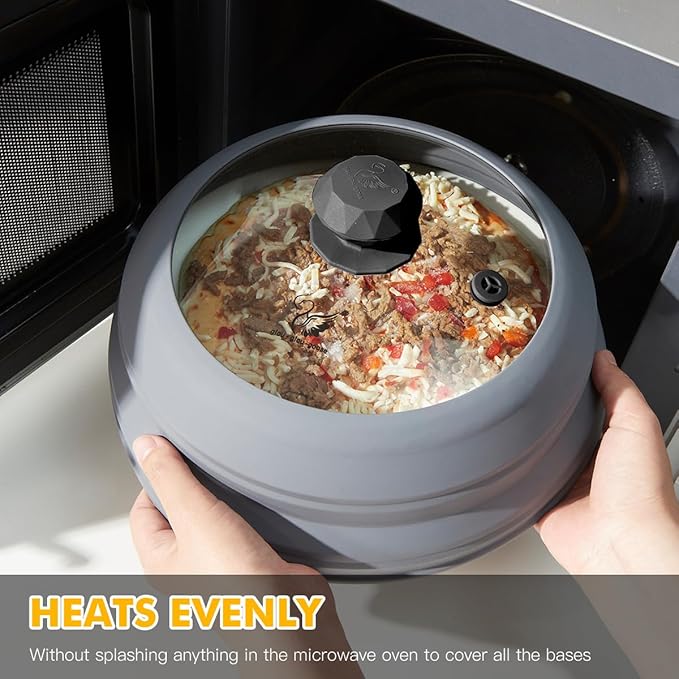 Microwave Splatter Cover Vented Glass Splatter Guard Lid with Collapsible Silicone for Food as Pot Cover Plate 9.8 inch Light Grey