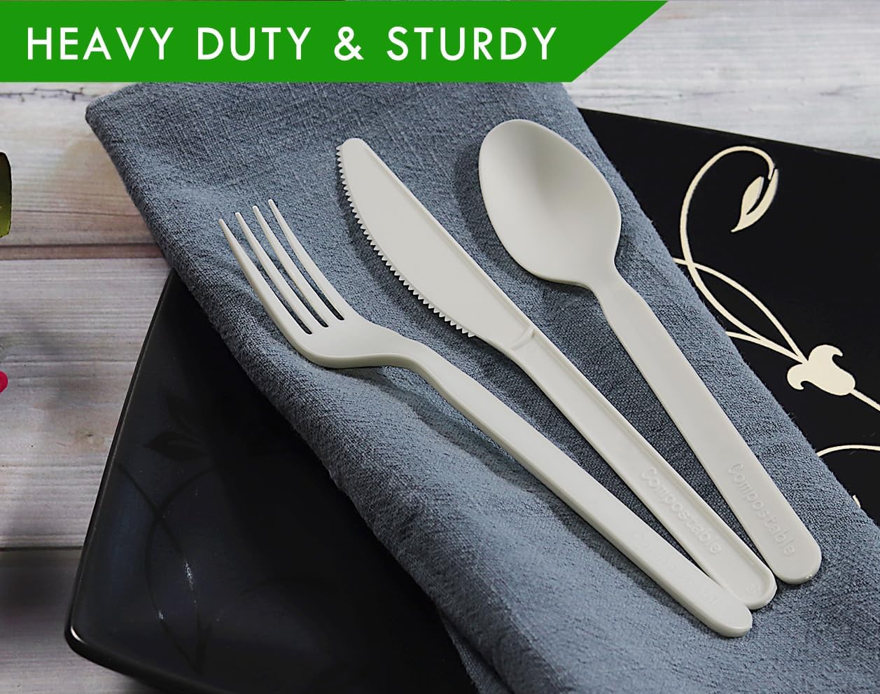 GreenWorks 150 Count 7" Heavy-duty Compostable Utensils,50 Forks 50 Spoons 50 Knives Cutlery Set,BPI Certified Large Disposable Flatware Set
