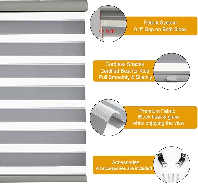 Persilux Cordless Zebra Blinds for Windows Free-Stop Window Blinds (30" W X 72" H, Grey) Dual Layer Light Control for Day and Night, Light Filtering Sheer Shades for Home, Easy to Install