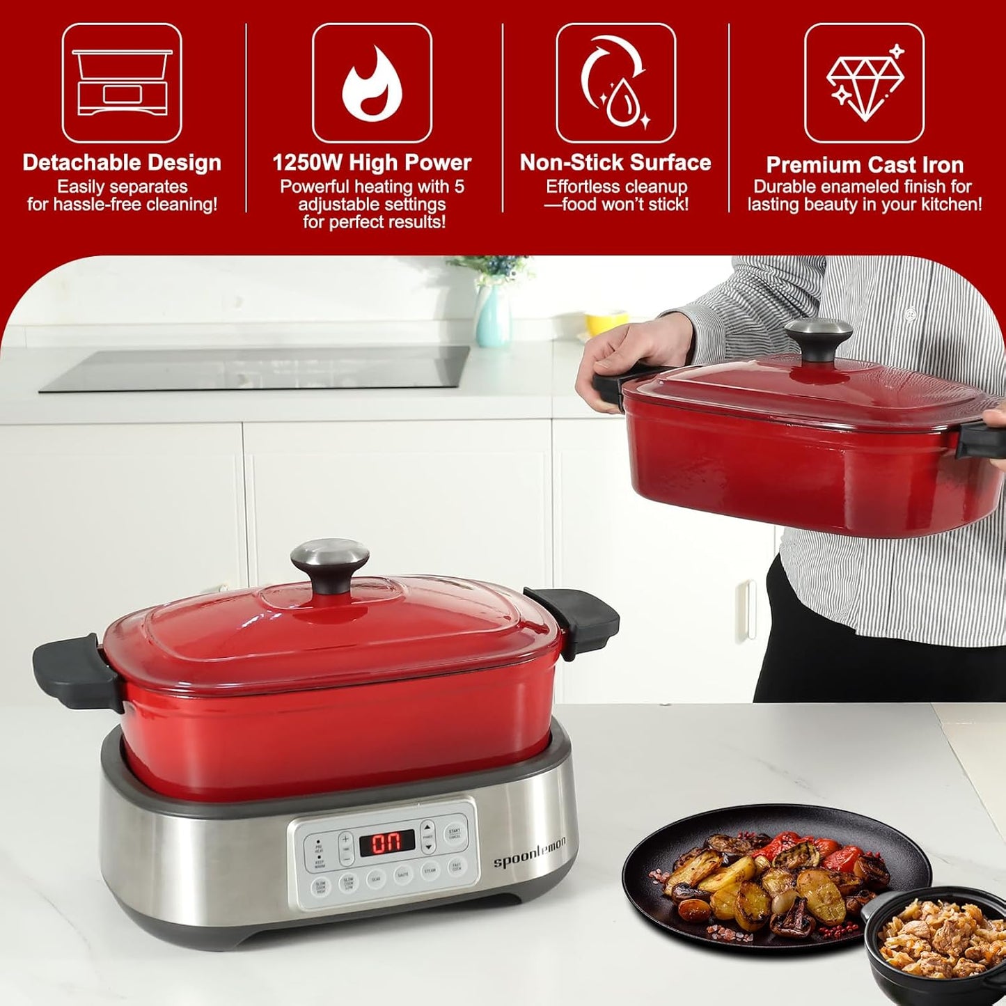 Electric Dutch Oven Multi-Cooker, 5.8QT Enameled Cast Iron Pot - 1250W Fast Heating, 6 Preset Functions, Digital Display & Keep Warm, Oven Safe Pot To 392℉, with Removable Pot, Steam Rack