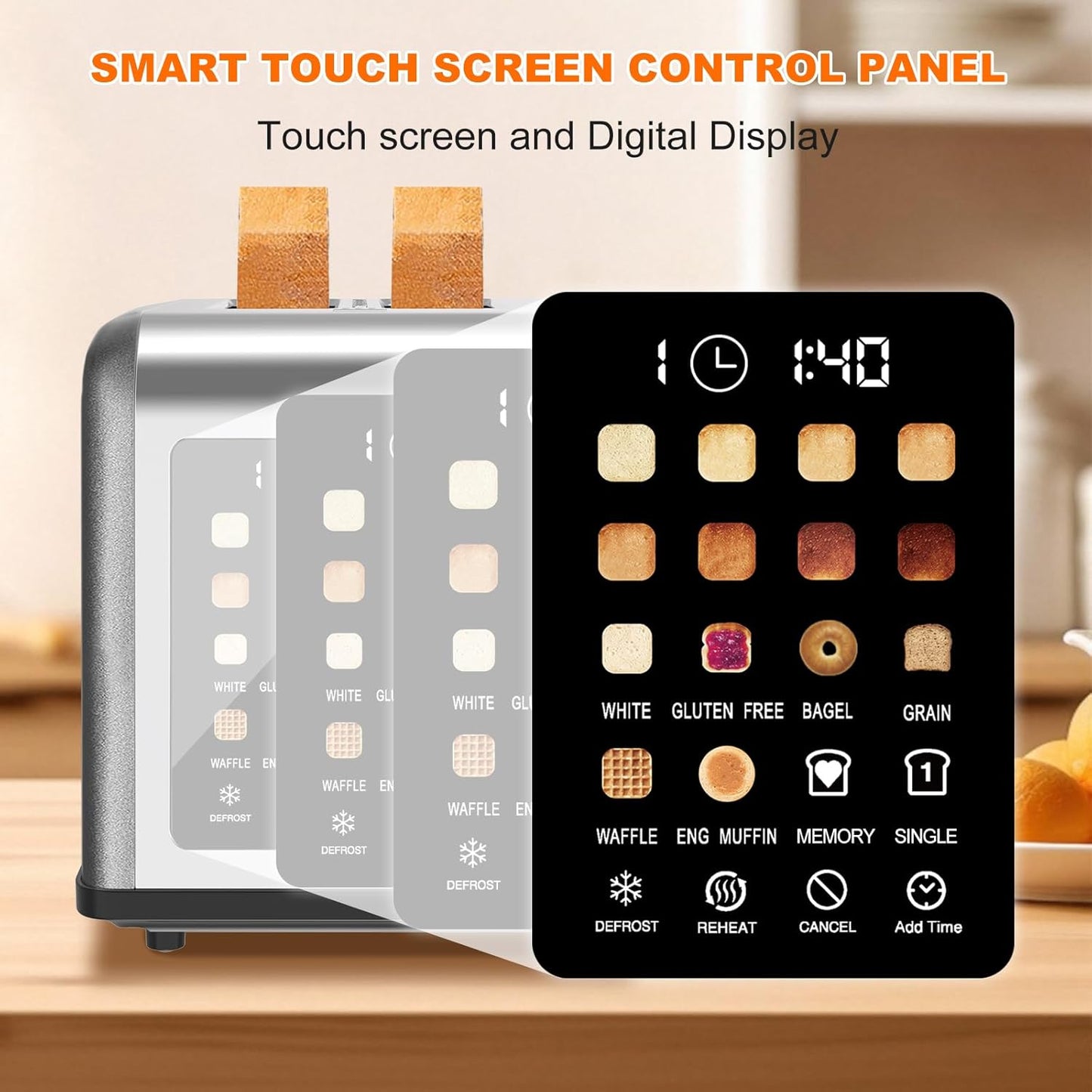 2 Slice Toaster Touch Screen, Stainless Steel Toasters Digital Timer 2 Slot Toasters, 8 Shade Settings 6 Bread Types for Bagel, Cancel, Defrost (Grey）