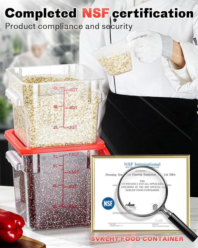 2QT NSF Food Storage Containers: 8 PCS [Food Grade][Hot&Cold Resistant] Commercial Clear Square Food Storage Containers with Scales Handles for Home Restaurant Kitchen Proof Dough(BPA FREE)