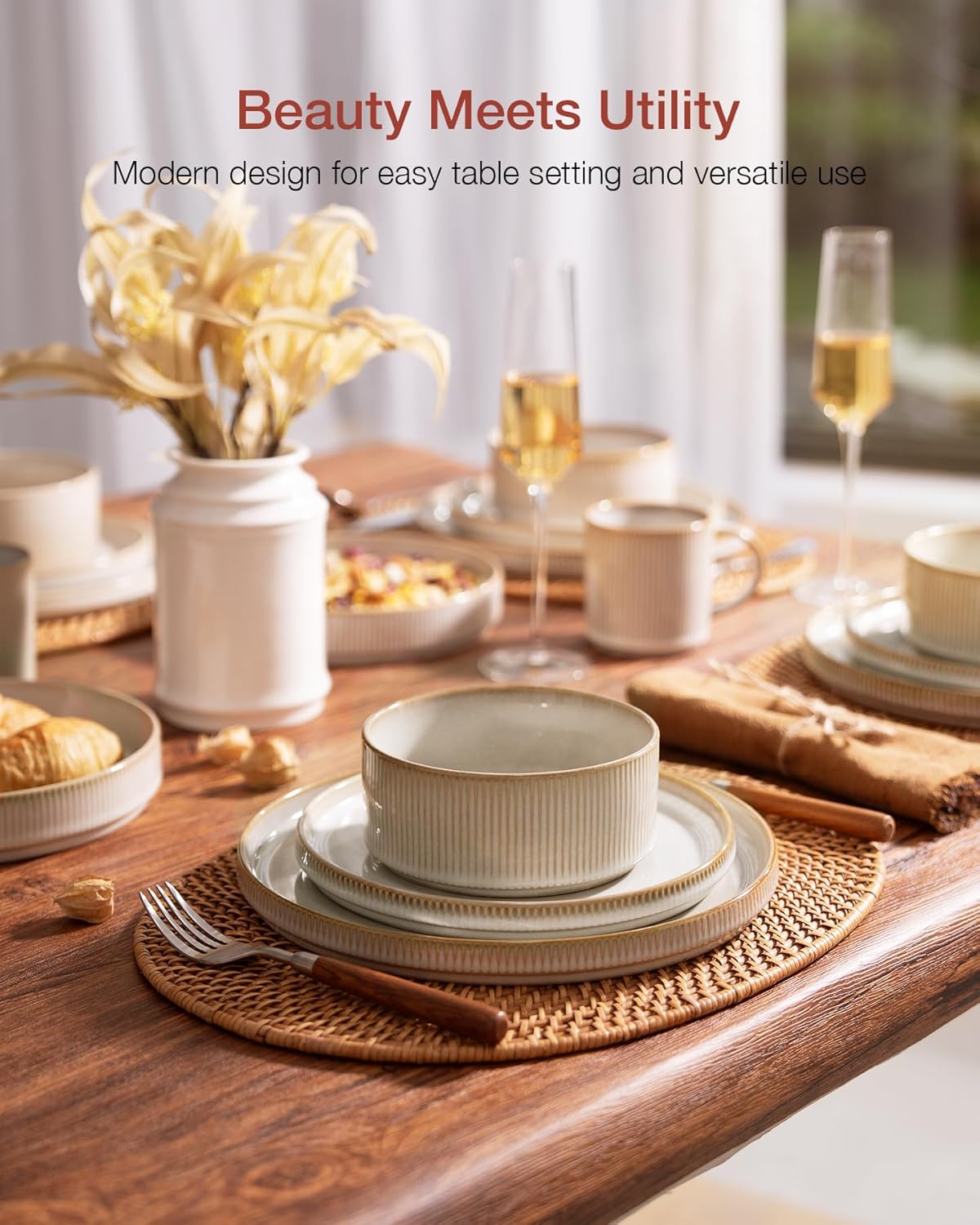 Famiware Star Dinnerware Sets, Plates and Bowls Set for 4, 12 Pieces Ribbed Dishes - Chip and Scratch Resistant, Microwave and Dishwasher Safe Tableware, Cappuccino White
