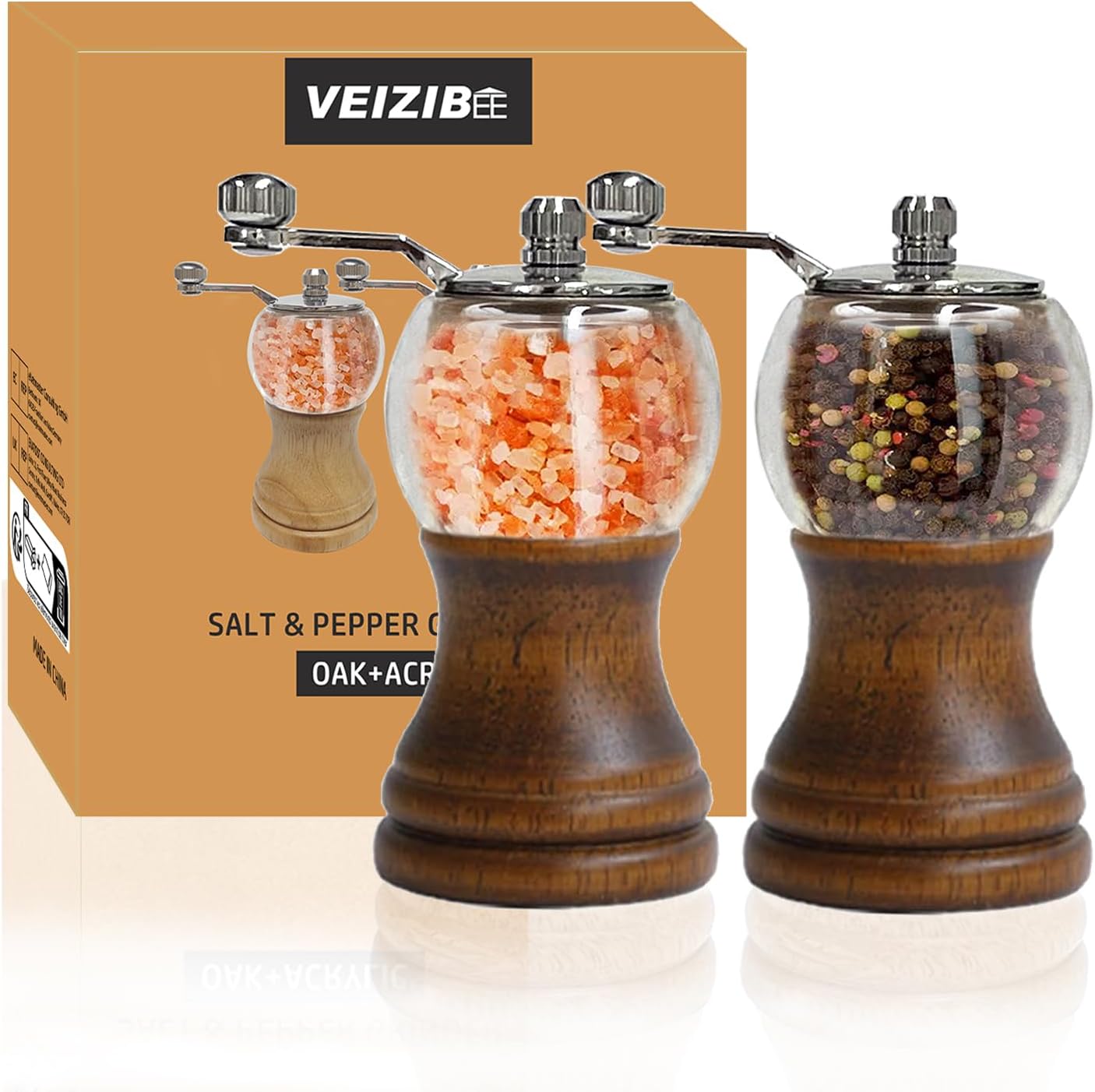 Pepper Mill Set，Manual Pepper Mills, Classical Roast Black Manual Pepper Grinder Set，Hand Shake Salt Mill，Retro Wood， Acrylic，Ceramic Blades,Enjoy Fresh Pepper Spices (Walnut color 2pcs-5in)