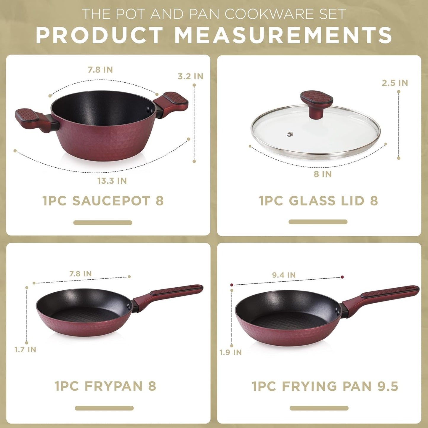 Moss & Stone 4 Piece Nonstick Cookware Set, Small Pots And Pans Set Non stick With Glass Lid, Induction Cookware, Stay Cool Handle, PTFE/PFOA, Kitchen Cookware 4-Piece with Frying Pans Set & Saucepan