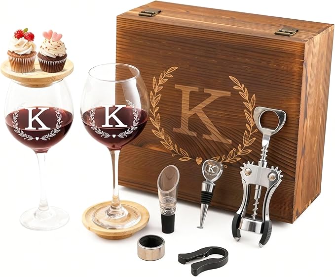 GZLDGIFTS Personalized Initial Wine Glasses Box Gift Set For Women Mom Engraved Birthday Monogrammed Wooden Christmas Gifts Wedding Anniversary Wine Couples Stopper Opener Initial Letterr (K Set)