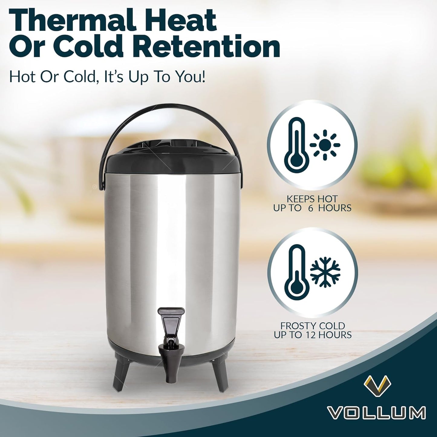 Stainless Steel Insulated Beverage Dispenser – Insulated Thermal Hot and Cold Coffee Carafe – 8 Liter Drink Dispenser with Spigot for Hot Water, Tea & Coffee, Cold Milk, Juice & More BLACK