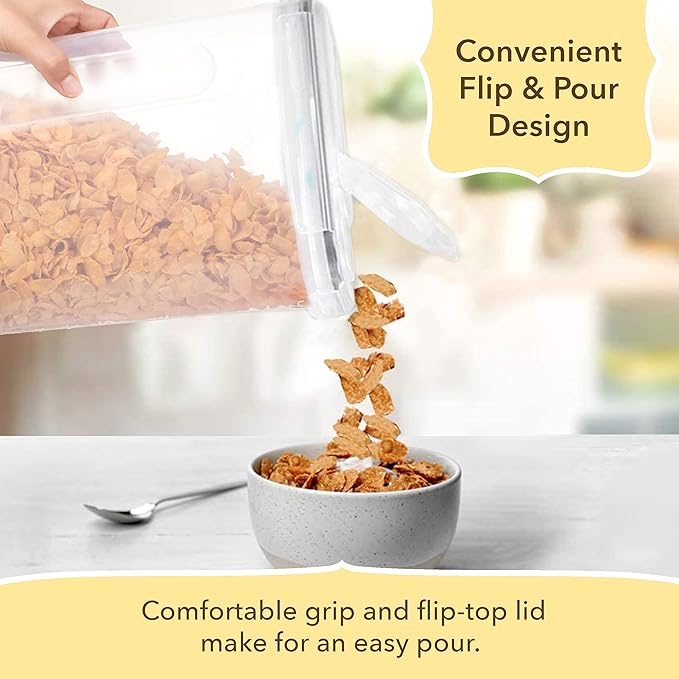 Simply Gourmet Airtight Cereal Containers with Lids – 3 Piece Tall Kitchen Pantry Organization Set, BPA-Free Clear Plastic, Pour Spout Lids for Breakfast Cereal, Rice, Flour, Sugar, Snacks