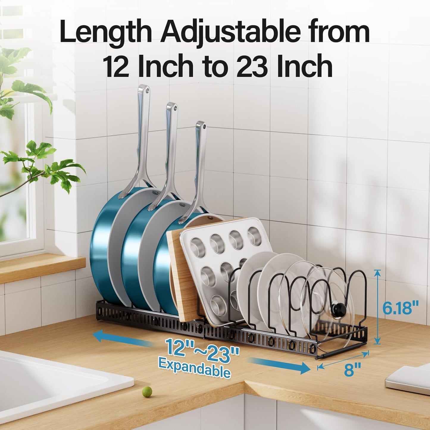 ORDORA Pots and Pans Organizer Under Cabinet, Expandable Cutting Board Pot Lid Organizer for Cabinet Holder with 10 Adjustable Dividers for Kitchen Storage