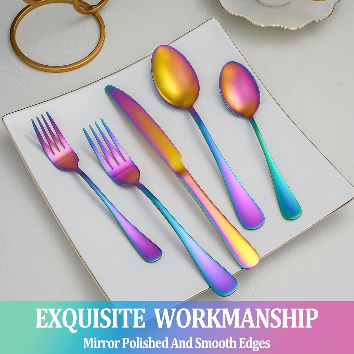 40 Pcs Rainbow Silverware Set Service for 8,Stainless Steel Flatware Serving Sets,Kitchen Tableware Set,Utensil Set for Home and Restaurant,Knives Forks Spoons Set,Mirror Polished,Dishwasher Safe