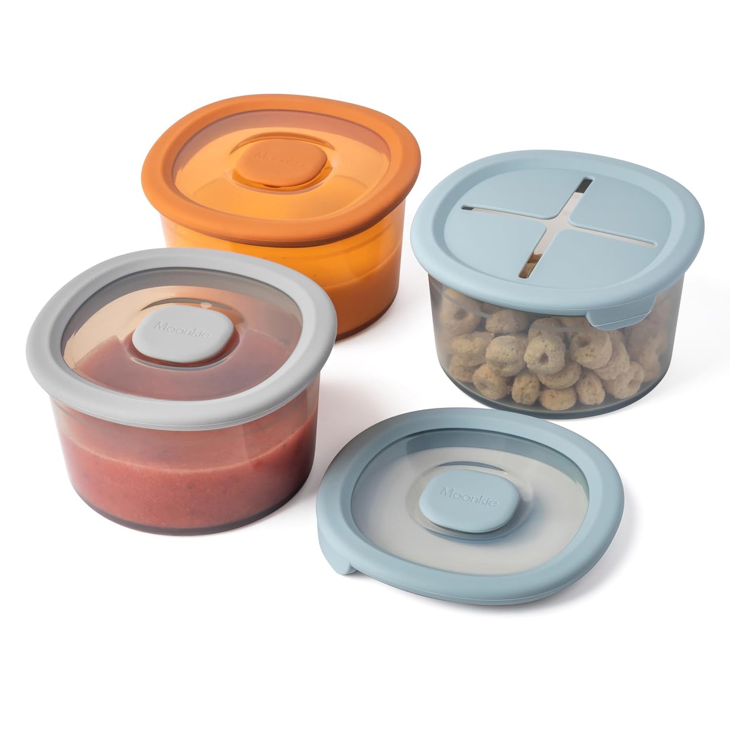 Moonkie Silicone Snack Containers for Kids | 8 oz Baby Food Storage Containers with Airtight Lids and A Snack Lid | Baby Food Jars | BPA Free | Freezer & Dishwasher Safe | 3 Pack